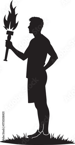Black silhouette man holding flaming torch on grass