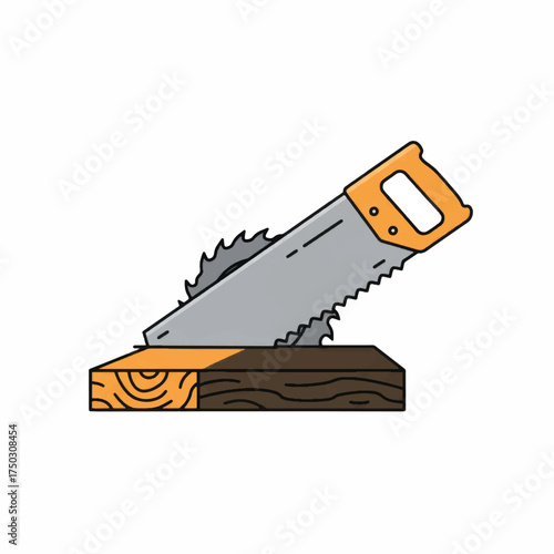 Saw cutting through wood block representing carpentry and construction.
