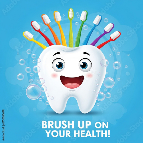 Happy, cartoon tooth character with big smile, surrounded by colorful toothbrushes and bubbles, promoting dental hygiene and oral health with the slogan brush up on your health