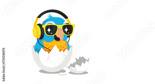 A cool little bird hatches from an egg wearing headphones and sunglasses.