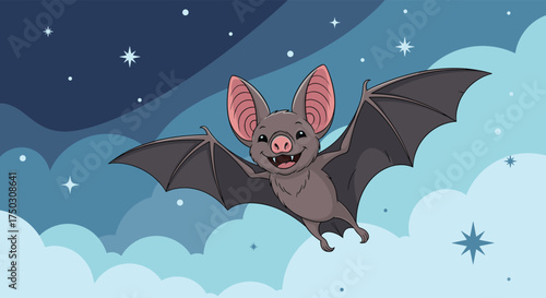 A friendly bat flies through the starry night sky with fluffy clouds.
