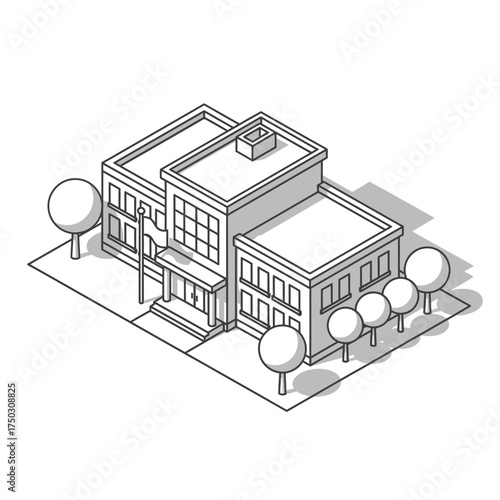 Isometric line art illustration of a public school building with a flagpole and trees on a white background.