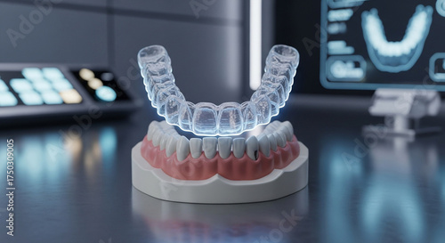 3d render clear dental aligners placed over model human teeth, with futuristic technology and medical display in the