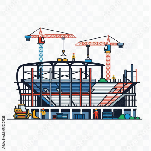 Vector illustration of a large stadium under construction with cranes.