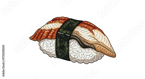 Delicious grilled eel sushi nigiri with rice and nori seaweed.