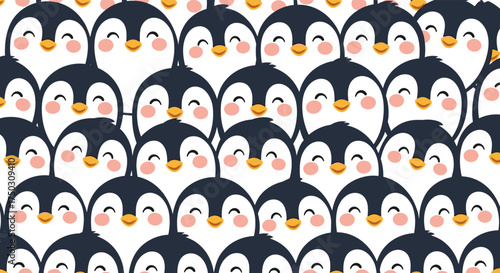 A charming and adorable pattern featuring many cute penguins with rosy cheeks and sweet smiles.