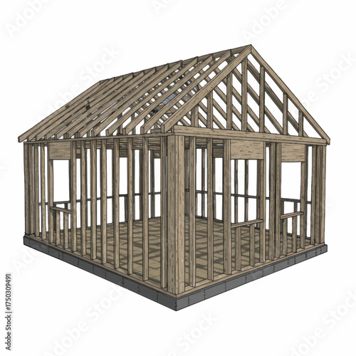 Wooden House Frame Construction Building Structure.