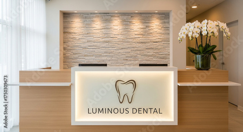 Modern dental clinic reception desk with glowing logo and fresh orchids, creating welcoming and professional atmosphere for patients
