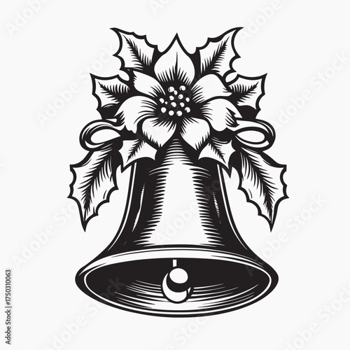 Festive bell with poinsettia design, old school tattoo vector