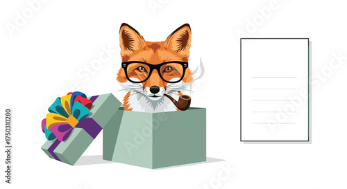 A clever fox wearing glasses peeks out of a gift box holding a pipe.