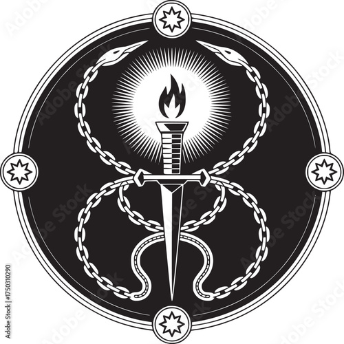 A graphic design featuring a sword a flame chains snakes and stars in a circular arrangement