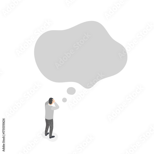 頭をかかえて悩む男性と大きなもやもや吹き出しのベクターイラスト (不安・悩み・葛藤・心配) アイソメトリック