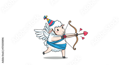 A cute sheep dressed as cupid is aiming a bow and arrow with hearts.