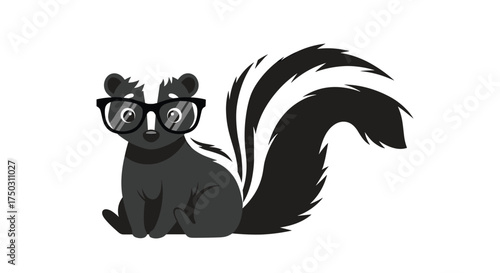 A cute cartoon skunk wearing glasses sitting with a fluffy tail.