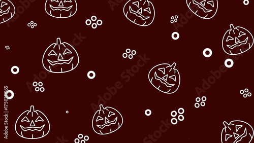Halloween pattern image with white jackolanterns with dots and flowers on maroon backdrop, perfect for halloween stationery, greeting cards, party invitations, or social media graphics.
