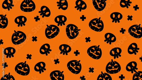Halloween pattern image perfect for spooky decorations, party invitations, wrapping papers, and textiles with pumpkins, skulls, and crosses.