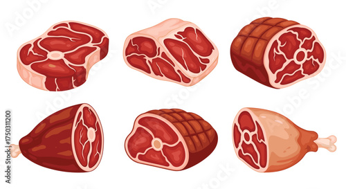 Collection of various raw and cooked meat cuts and roasts in a butcher shop.