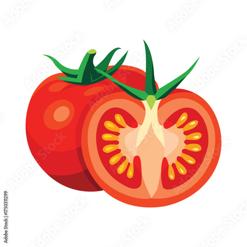 A whole red tomato next to a fresh and juicy half, isolated on a white background.