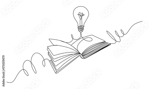 Photos continuous one line art drawing of light blub above open book Line drawing open