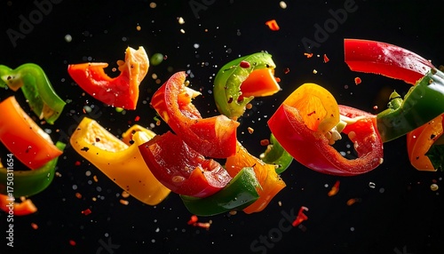 Vibrant bell pepper slices dynamically suspended in mid-air against a dark backdrop, perfect for adding a fresh, energetic touch to your culinary designs