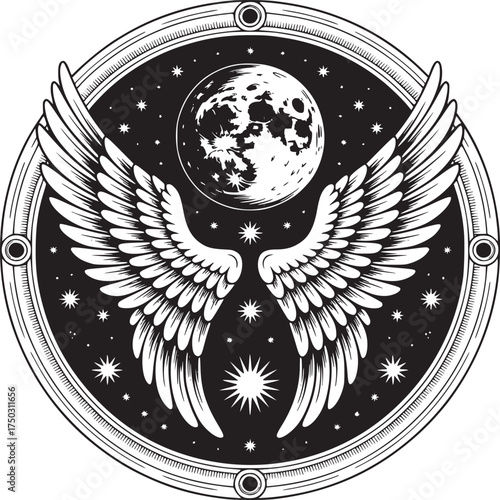 A celestial emblem depicting wings moon and stars within a circular frame in black and white design