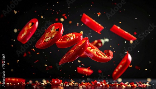 Fiery red chili pepper slices dynamically falling, perfect for adding spice and heat to your culinary projects or bold food photography concepts