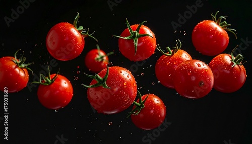 Fresh cherry tomatoes glistening with water droplets against a dramatic dark backdrop create a sense of healthy eating and vibrant flavor for culinary projects