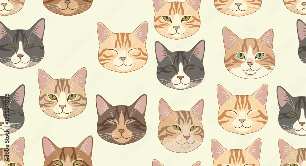 Fototapeta premium A charming collection of pixel art cat faces in a delightful repeating pattern.