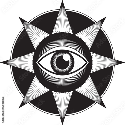 A striking black and white illustration of an eye surrounded by radiating star like shapes in a circle