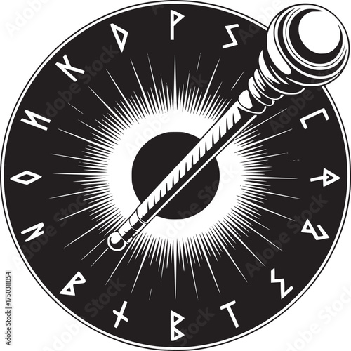 Stylized black and white illustration of a scepter over a runic circle with radiating lines