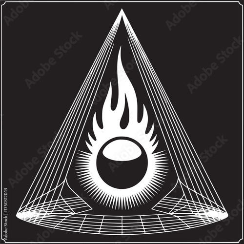A graphic design featuring an eye with flames inside a pyramid on a black and white background