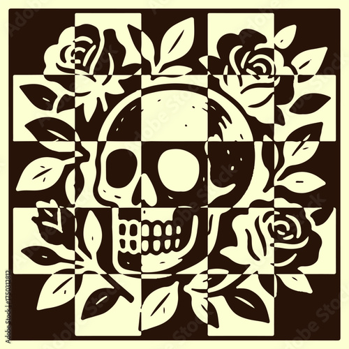 ornament mozaik skull and flower illustration vector checkerboard leaves leaf heart circle rose
