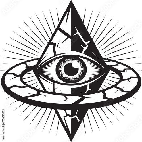 Black and white illustration of an all seeing eye inside a cracked triangle and circular shape