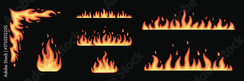 Burning Flame Frame Vector Set,  Fiery Borders and Glowing Inferno Corners for Hot Poster Design, Fire Effect Banner, and Dramatic Visual Elements
