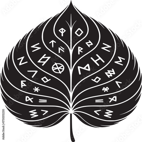 A black leaf with white rune symbols and lines on a white background in a graphic art style