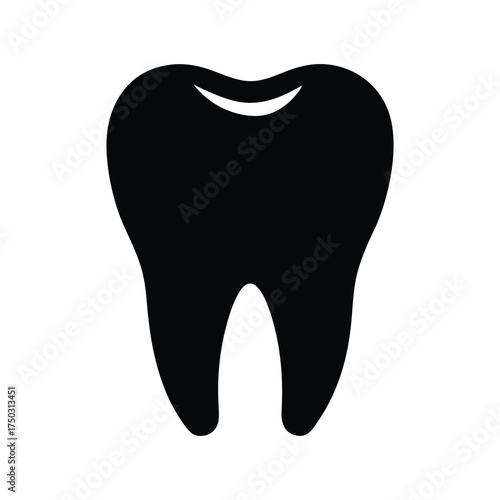 Solid Black Silhouette of a Tooth on a White Background Keywords: tooth, dental, silhouette, black, icon, symbol, health