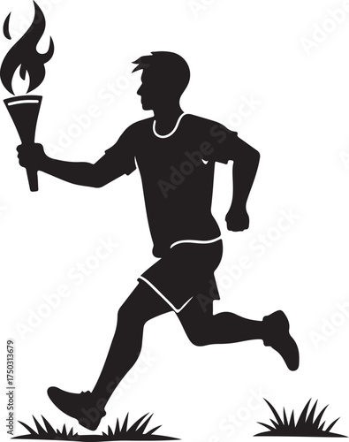 Black silhouette of a man running with a flaming torch