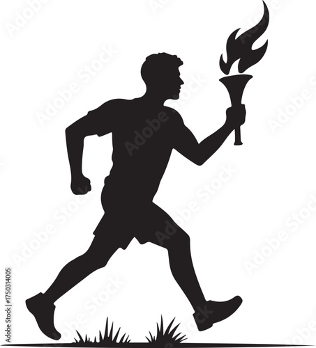 Black silhouette of a man running with a torch fire