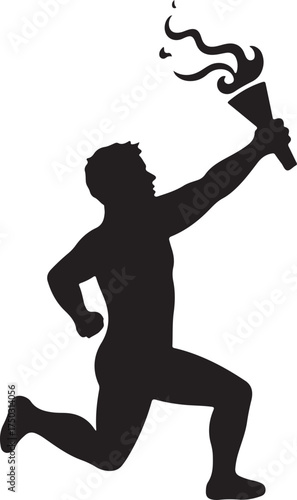 Black silhouette of a man running with a torch fire