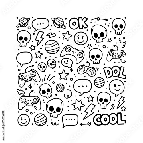 Creative Action Icons, Gaming Skulls and Controllers, Fun Design, Graphic Art, Playful Environment, Top-Down Perspective, Unique Logo