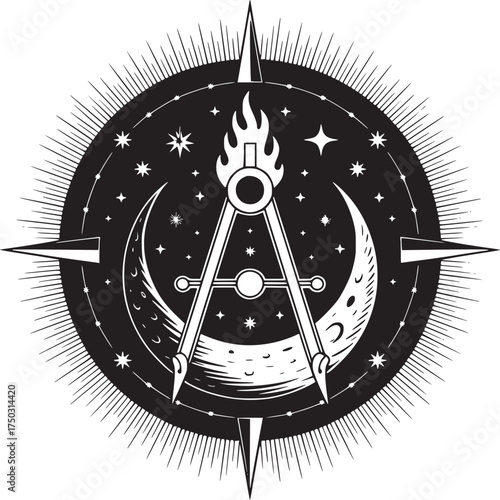 Black and white masonic compass with moon stars flame and sunburst in a circular design emblem art