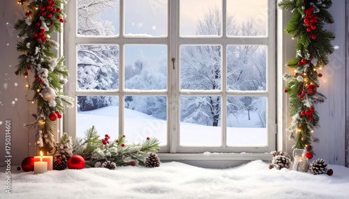 Festive Winter Window Scene with Snow.