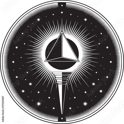 A black and white circular design featuring a pyramid, rays of light, and star like shapes around it