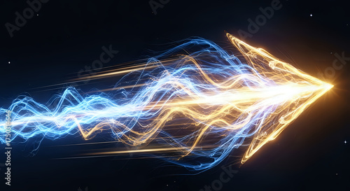 Stunning forward momentum with electric blue and gold energy arrow, symbolizing innovation, growth, and dynamic success in a fast-paced world
