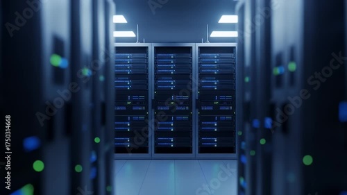 A slow pull back shot through an aisle of active server racks in a modern data center revealing rows of network equipment with blinking lights