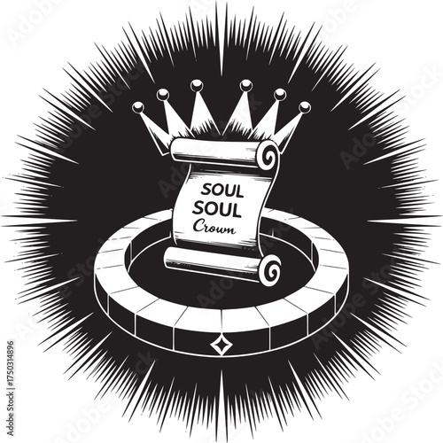 A black and white illustration of a crown and scroll with the words soul soul crown on it art