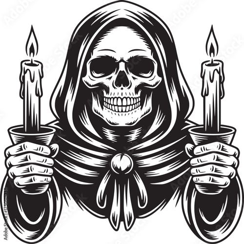 Grim reaper with candles in black and white holding two lit candles in both hands illustration art