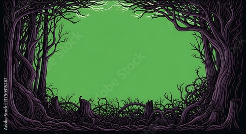 Spooky Forest Frame with Green Screen Background for Halloween and Fantasy Projects.