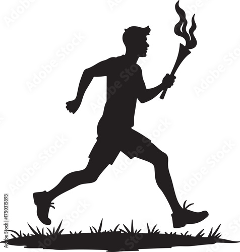 Black silhouette of a runner holding a torch with flames