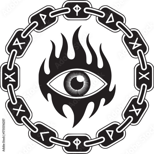 Black and white illustration of an eye surrounded by flames and a rune chain in a circular design